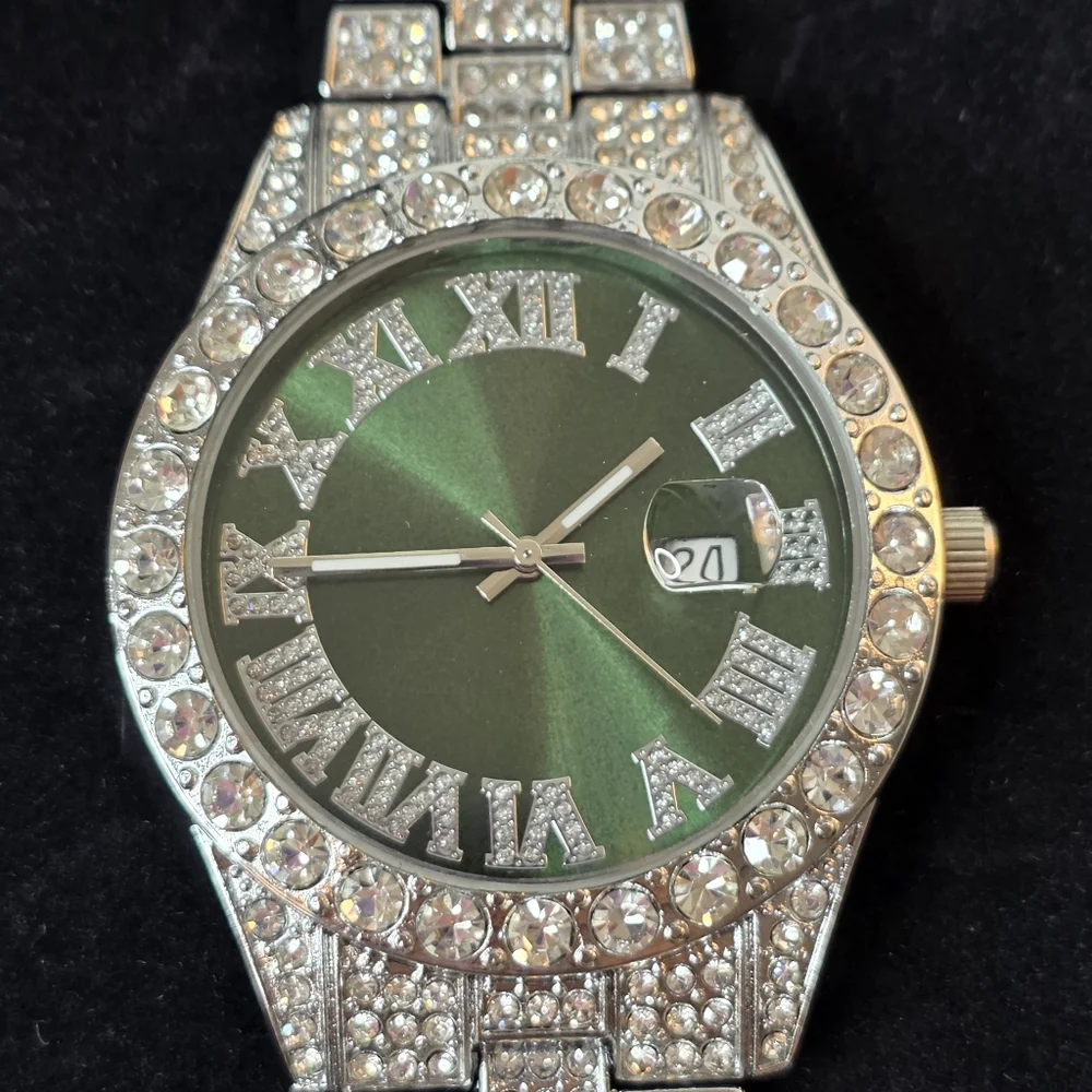 Silver & Green Luxury Iced Bling Hip Hop Fashion Quartz Date Watch New